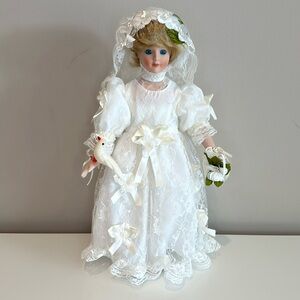 16" Porcelain Bride Doll in While Lace Wedding Dress with Dove, Flowers & Stand